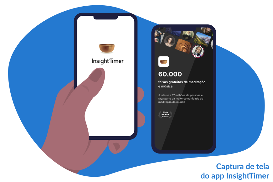 Desenho de uma mão mexendo no app Insight Timer pelo celular